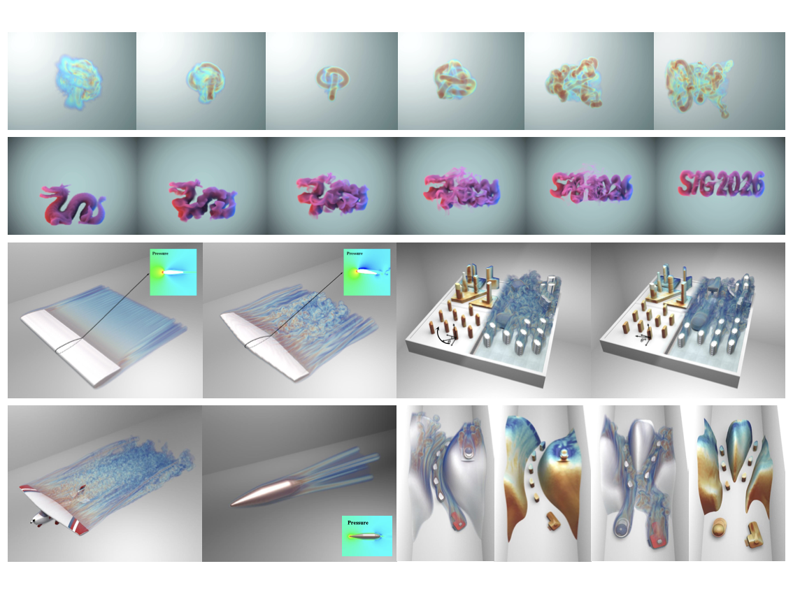 DiffSurFlow teaser showing smoke morphing, airfoil design, city building optimization, and trefoil velocity inference.